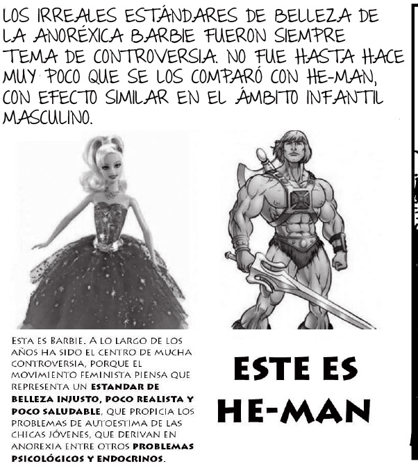 un meme que ilustra las diferencias entre barbie y he-man